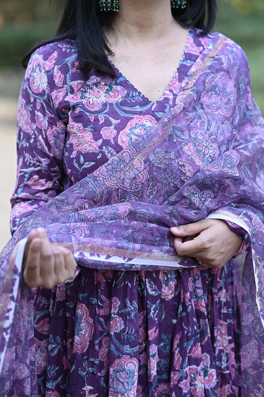 Plum Alia Anarkali Handblock Cotton Suit Set