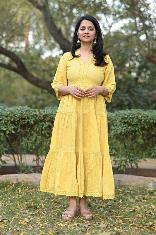 Yellow Cotton Tier Gown