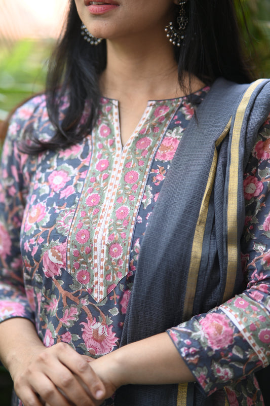 Jamuni Floral Cotton Handblock Suit Set