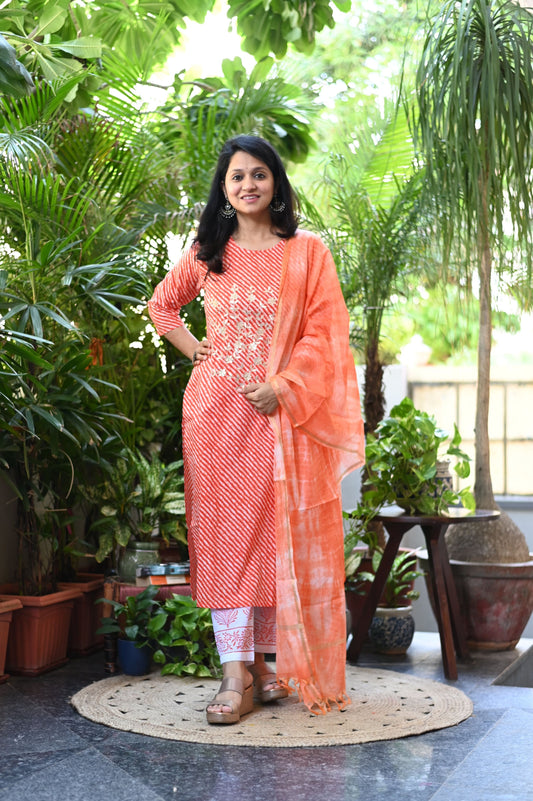 Orange Lehariya Cotton Suit Set