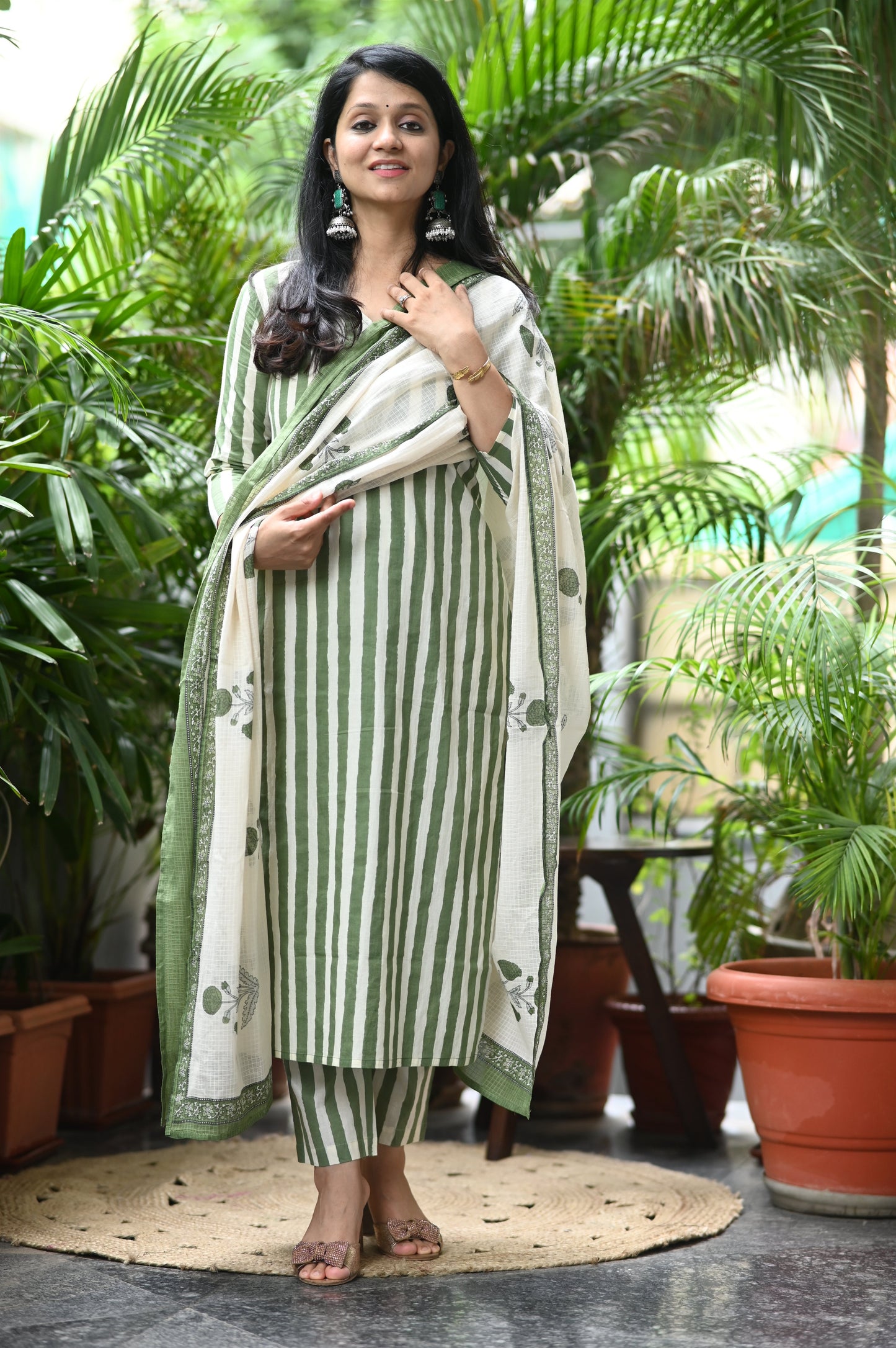 Olive Striped Cotton Suit Set