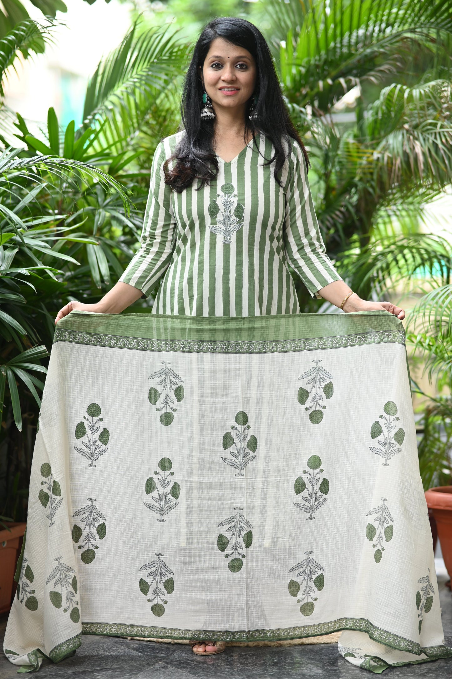 Olive Striped Cotton Suit Set