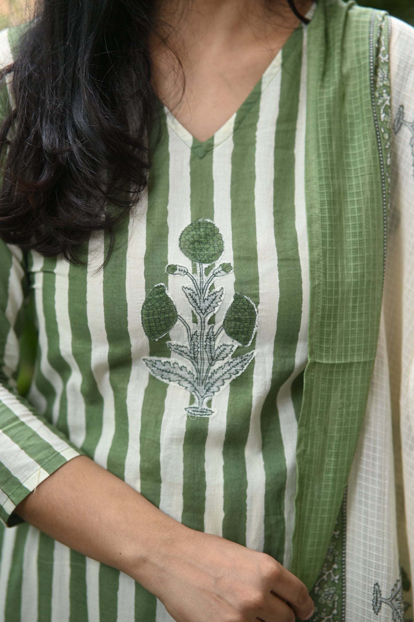 Olive Striped Cotton Suit Set