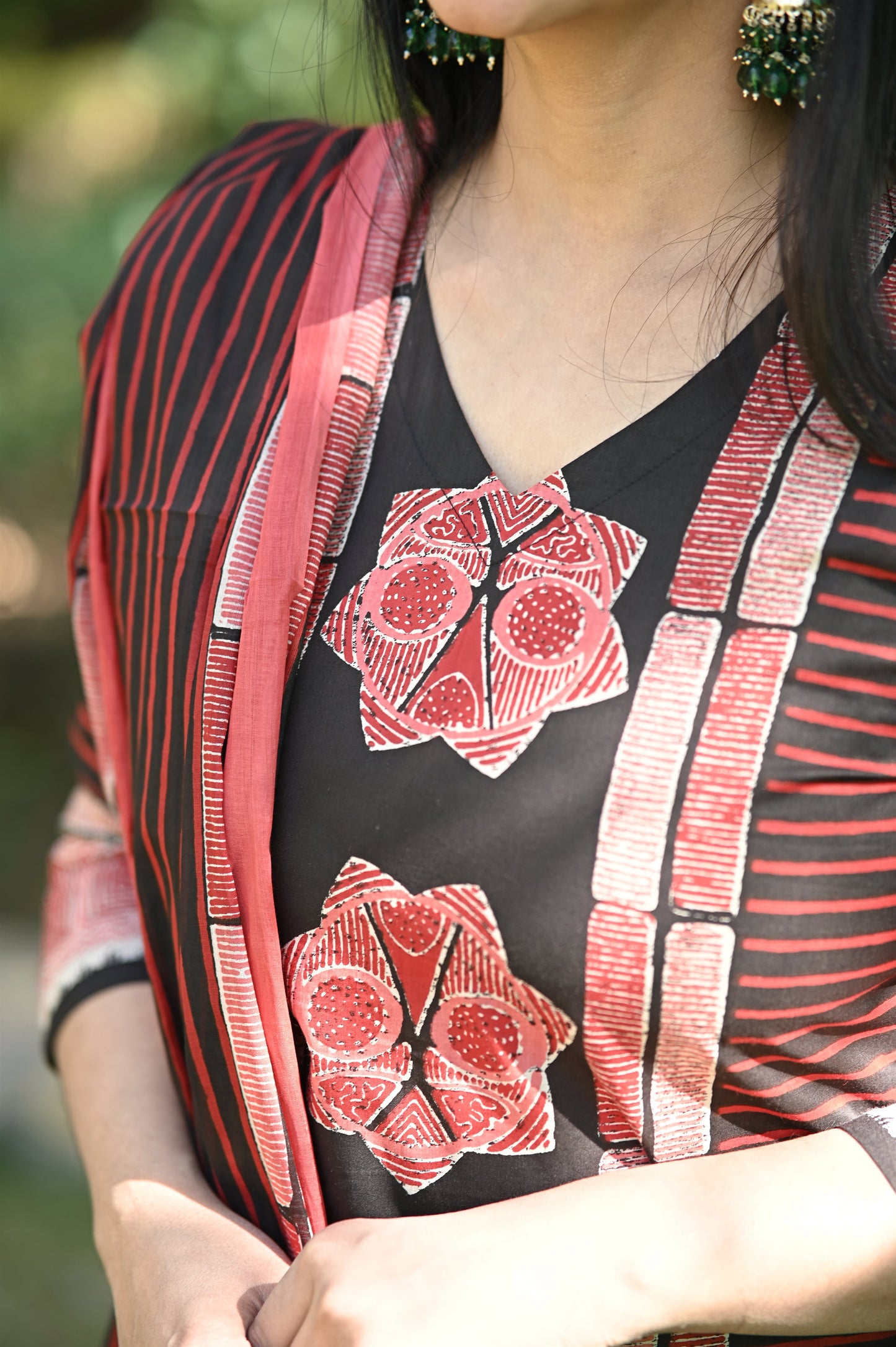Brij Handbolck Red & Black Cotton Suit Set