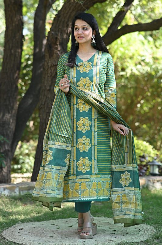 Brij Handbolck Yellow Green Cotton Suit Set