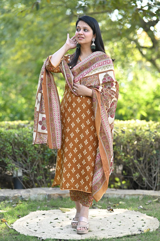 Gujrati Gold Cotton Suit Set