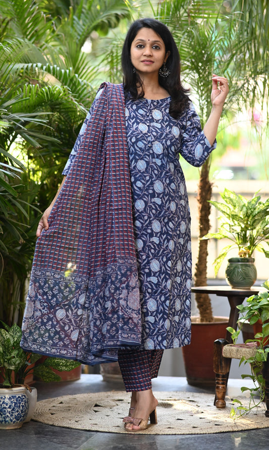 Kaashmi Blue Cotton Suit Set