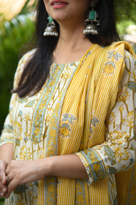 Kamira Yellow Cotton Suit Set