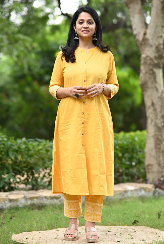 Yellow A-Line Cotton Kurta Pant set