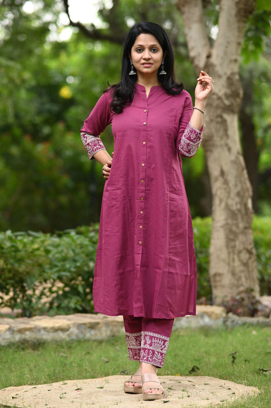 Maroon A-Line Cotton Kurta Pant set
