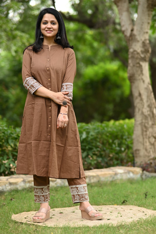 Brown A-Line Cotton Kurta Pant set