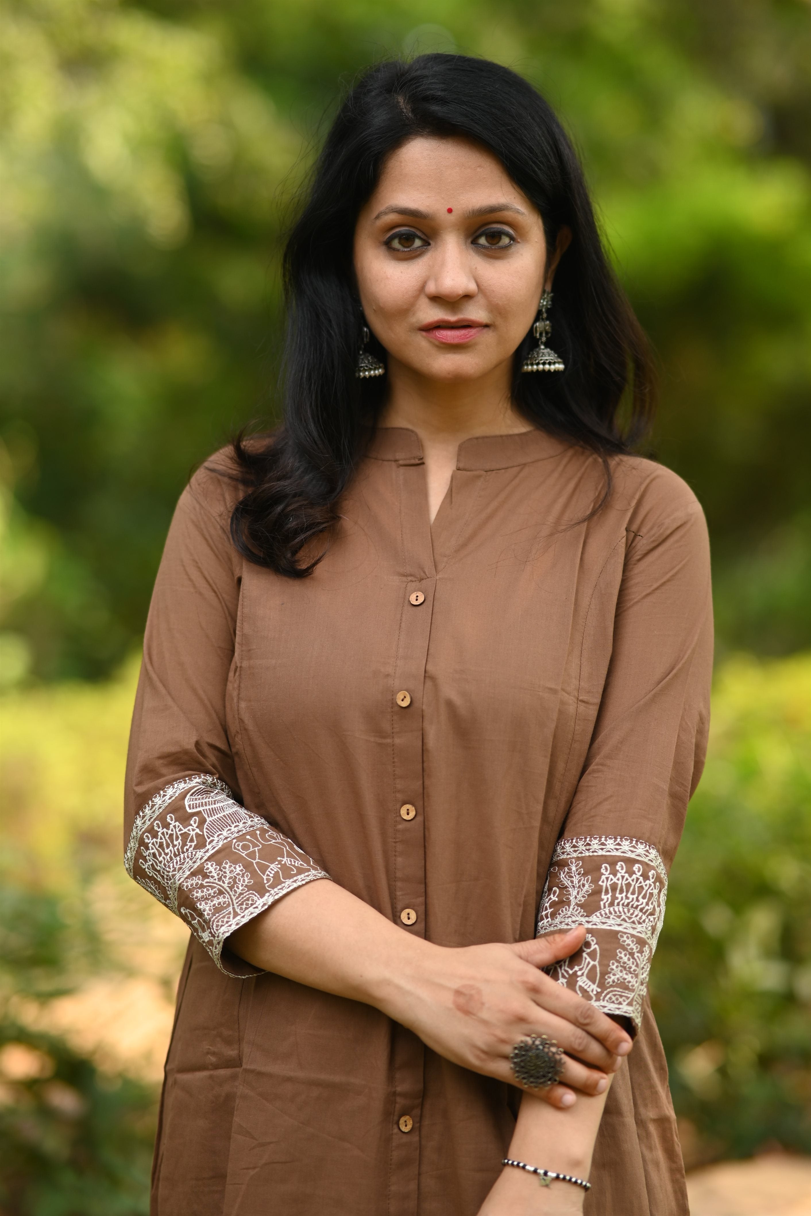 Brown Self Design Cotton Blend A-Line Kurta Trousers Set