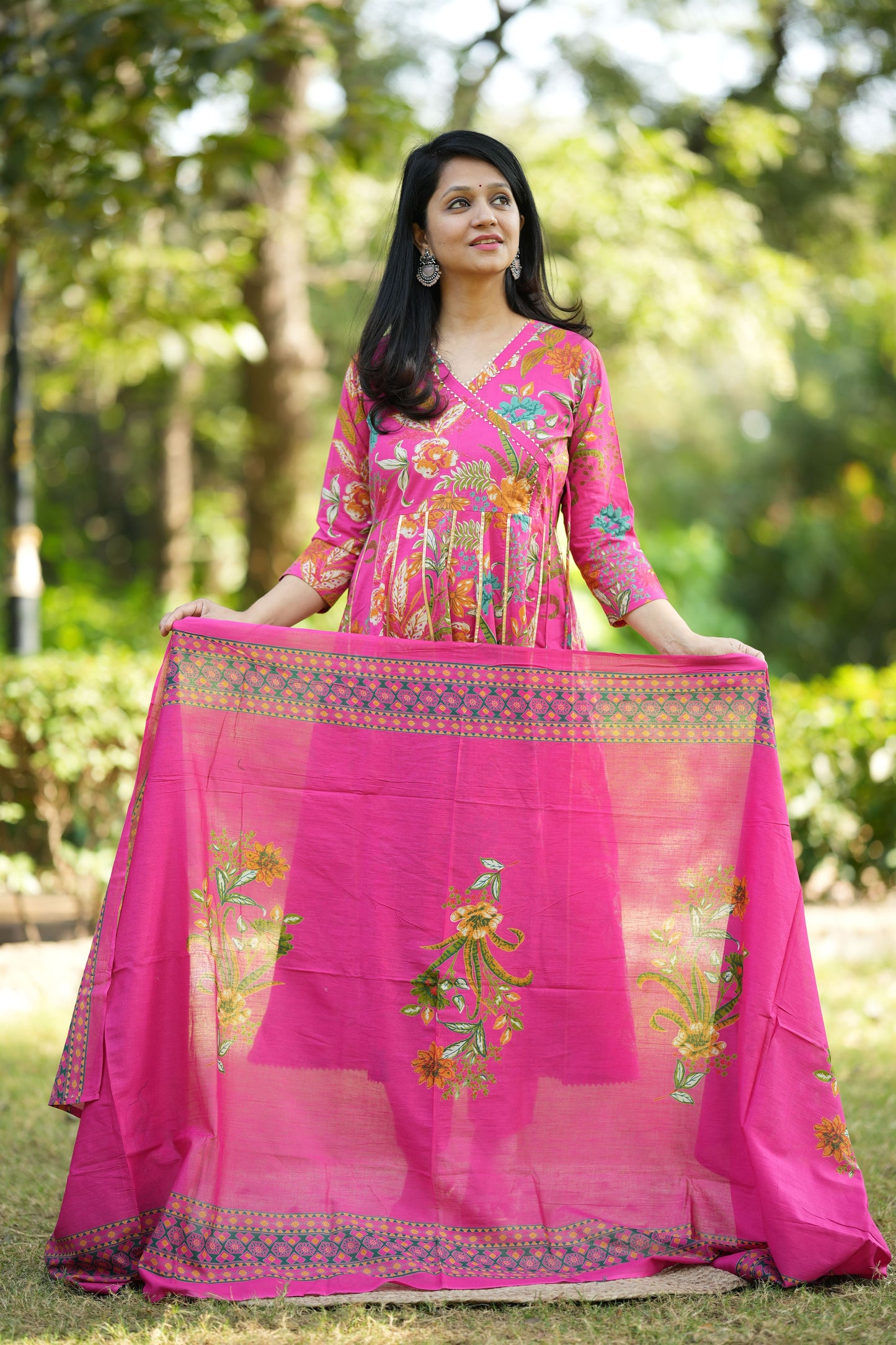 Rani Pink Cotton Anarkali Suit Set