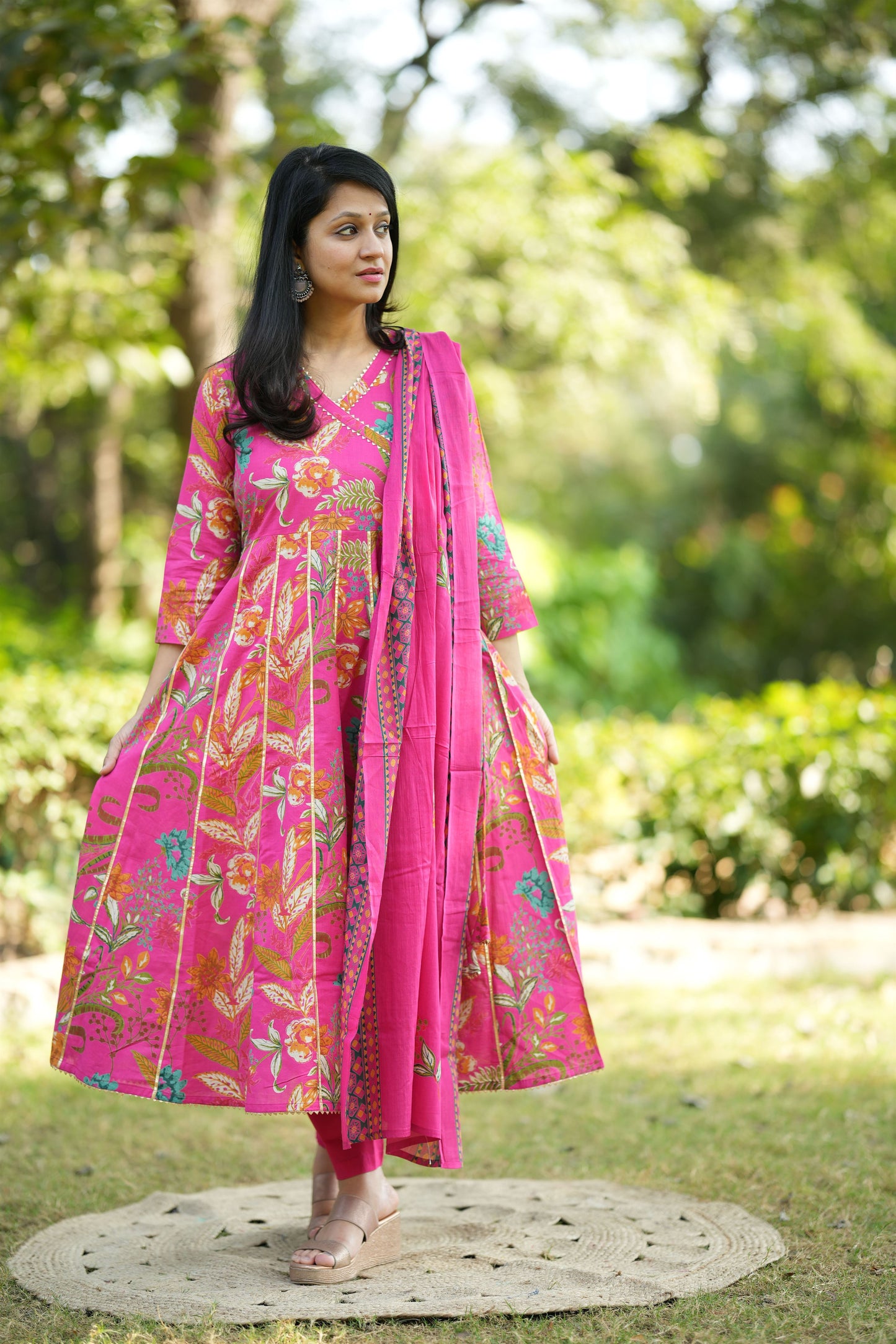 Rani Pink Cotton Anarkali Suit Set