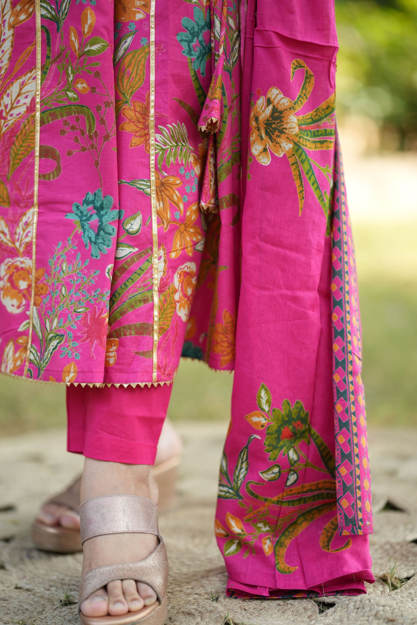 Rani Pink Cotton Anarkali Suit Set