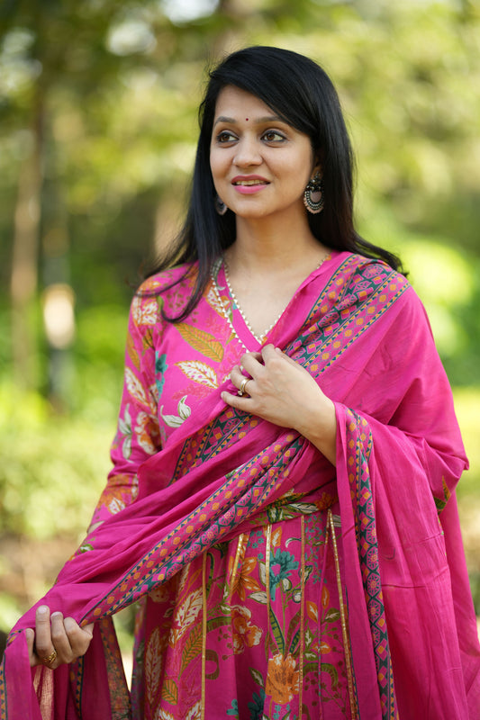 Rani Pink Cotton Anarkali Suit Set