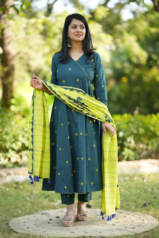 Manjaro Teal Cotton Anarkali Suit Set