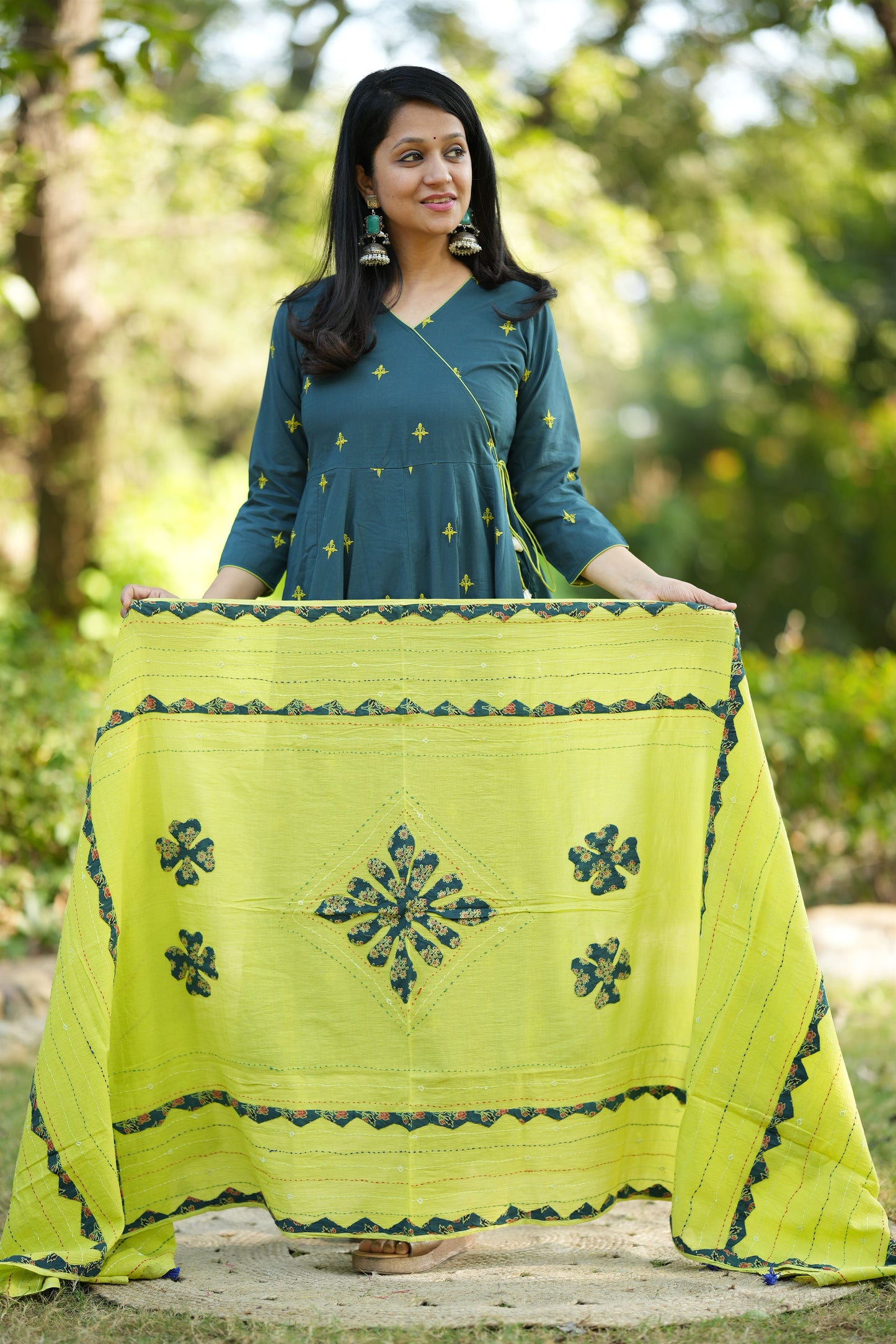 Manjaro Teal Cotton Anarkali Suit Set
