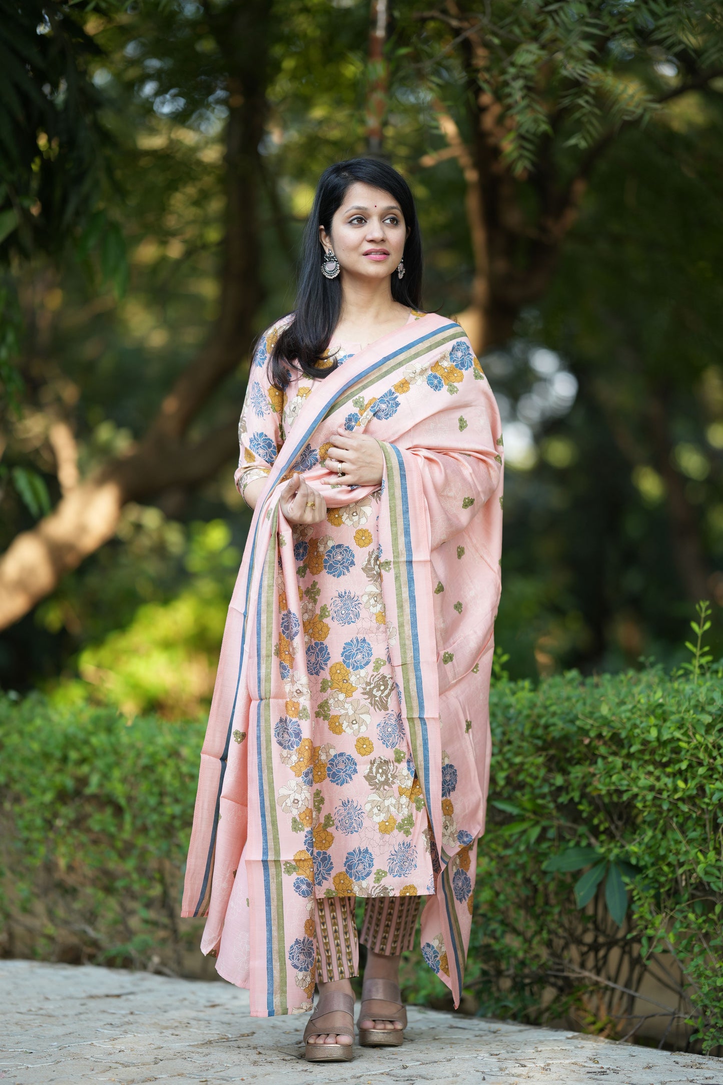 Floral Peach Silk Suit Set