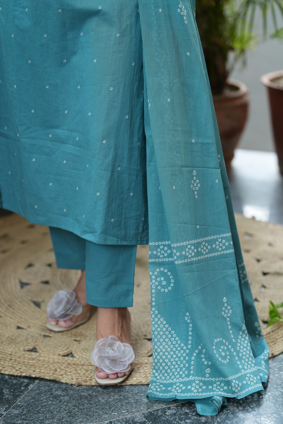 Nivara Teal Mirror Embroidered Cotton Suit Set