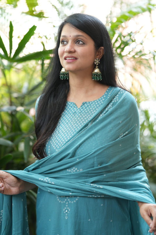 Nivara Teal Mirror Embroidered Cotton Suit Set