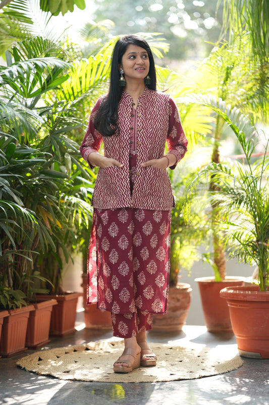 Red Zig-zag Kurta Pant with Jacket Set