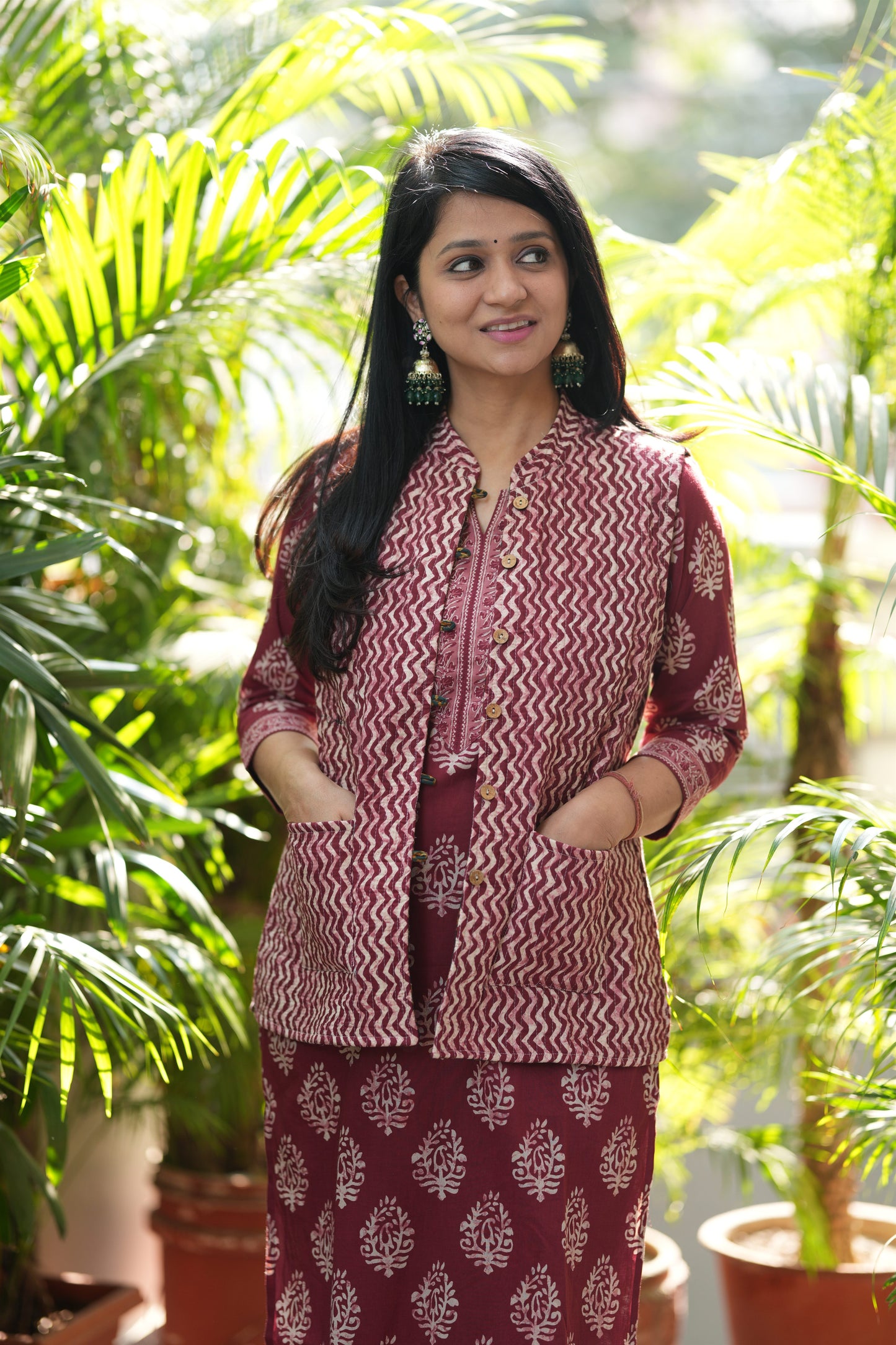 Red Zig-zag Kurta Pant with Jacket Set