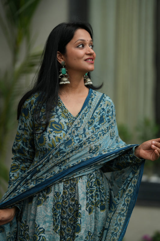 Navisha Blue Printed Cotton Anarkali Suit Set
