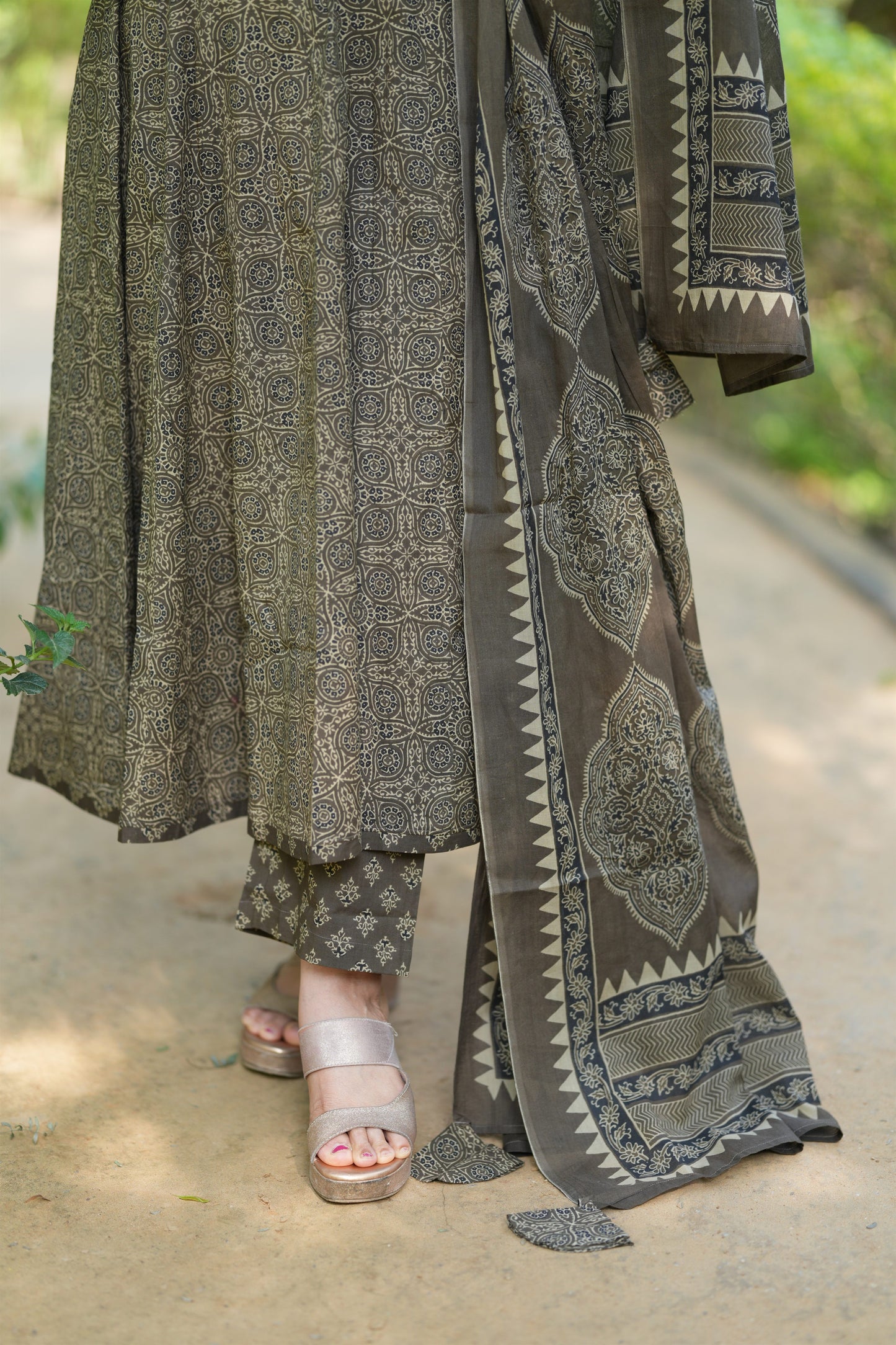 Nakhrali Ajrakh Print Cotton Anarkali Suit Set