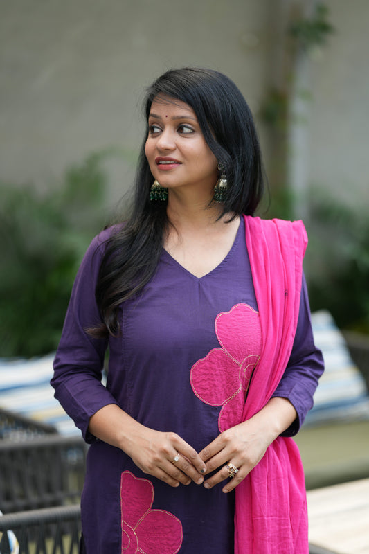 Kairali Purple Applique Cotton Suit Set