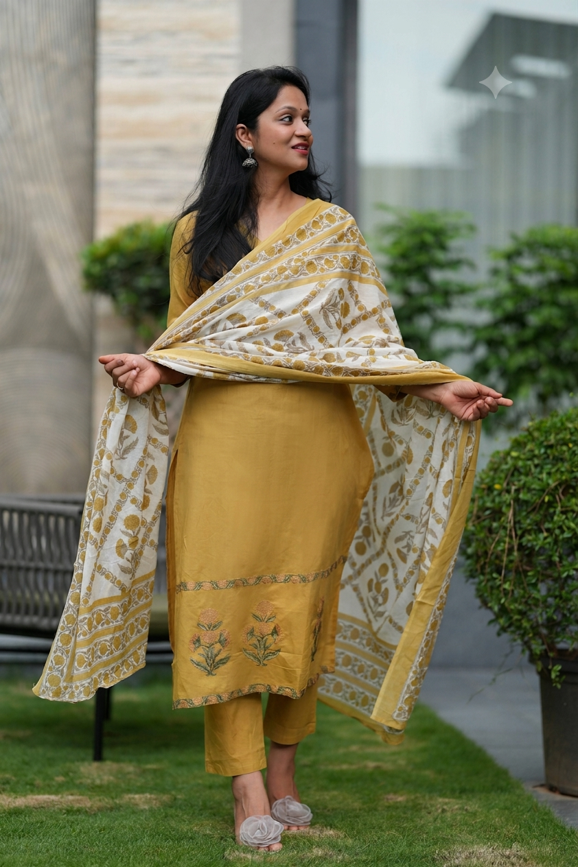 Kumud Mustard Embroidered Cotton Suit Set