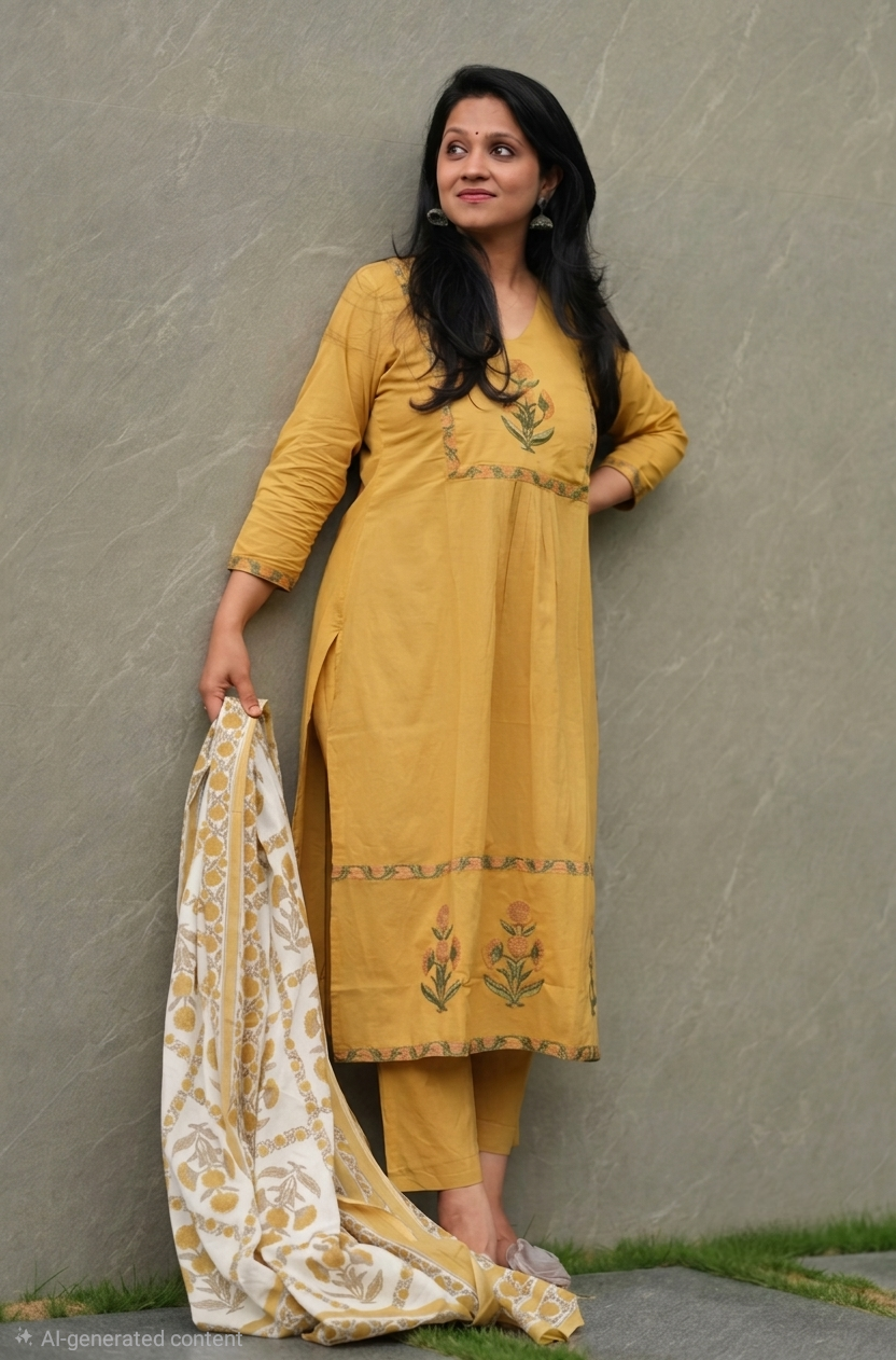 Kumud Mustard Embroidered Cotton Suit Set