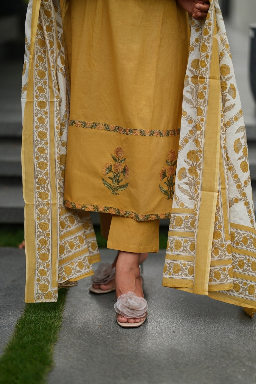 Kumud Mustard Embroidered Cotton Suit Set