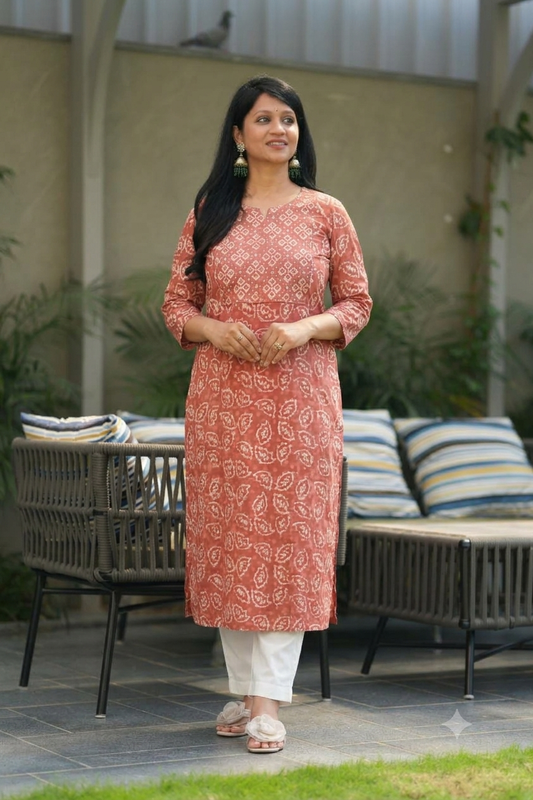 Orange Bagru Handblock Cotton Kurti