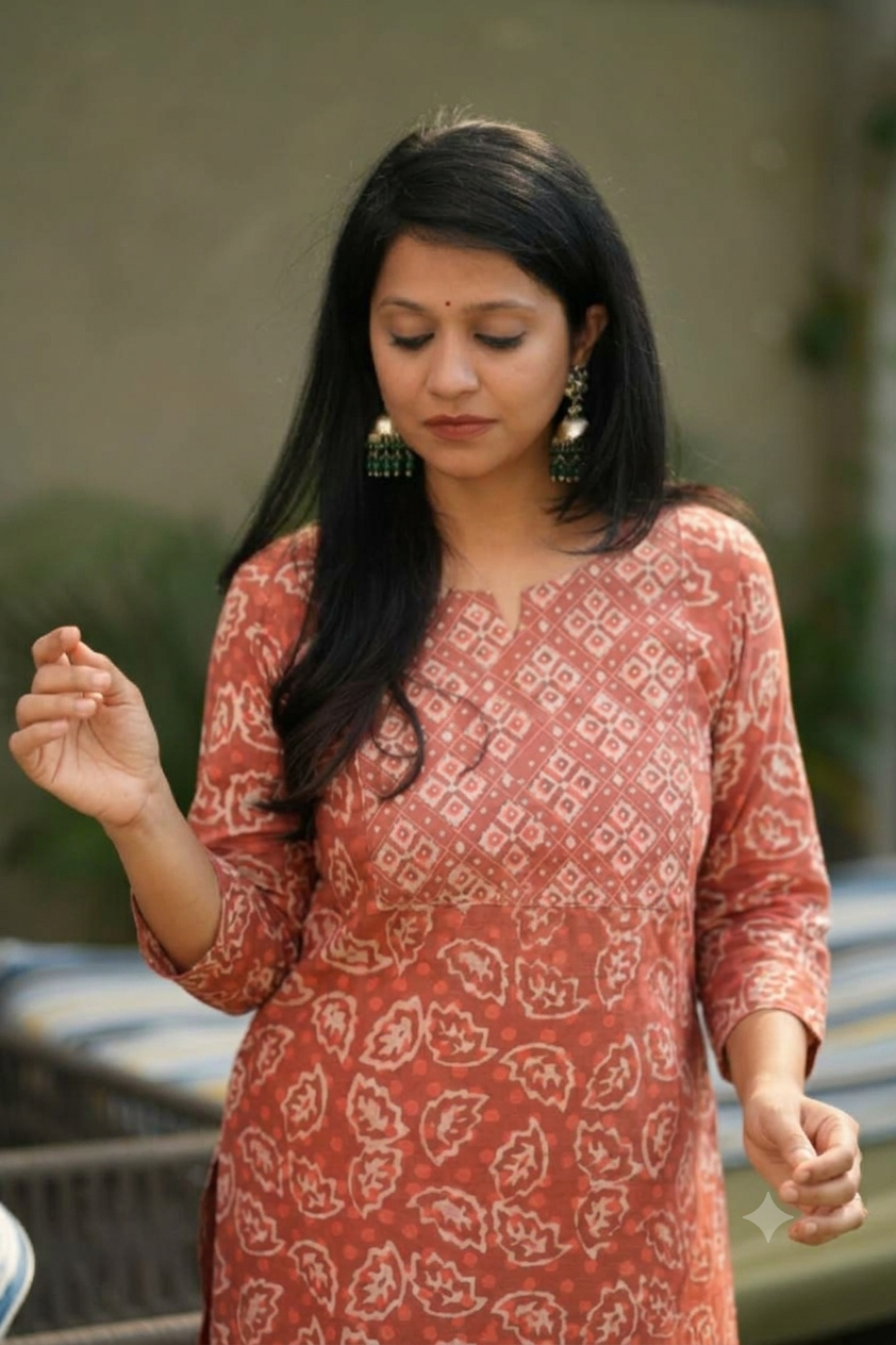 Orange Bagru Handblock Cotton Kurti