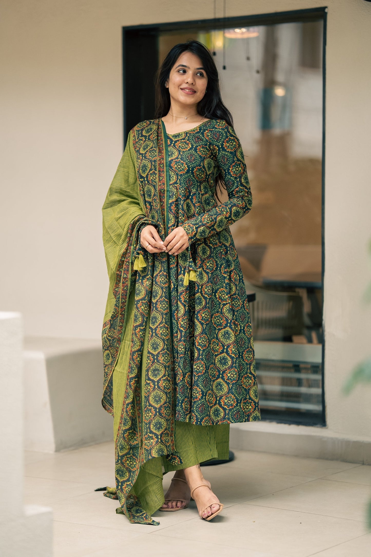 Falak Ajrakh Print Cotton Anarkali Suit Set