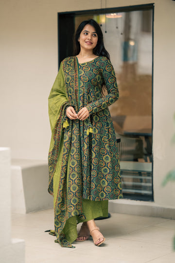Falak Ajrakh Print Cotton Anarkali Suit Set