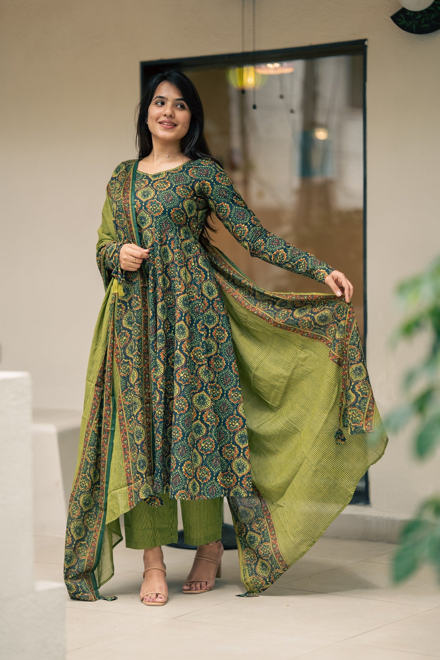 Falak Ajrakh Print Cotton Anarkali Suit Set
