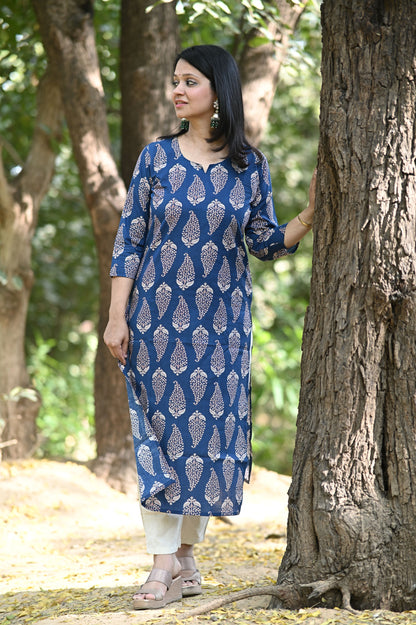 Blue Paisley Print Cotton Kurti
