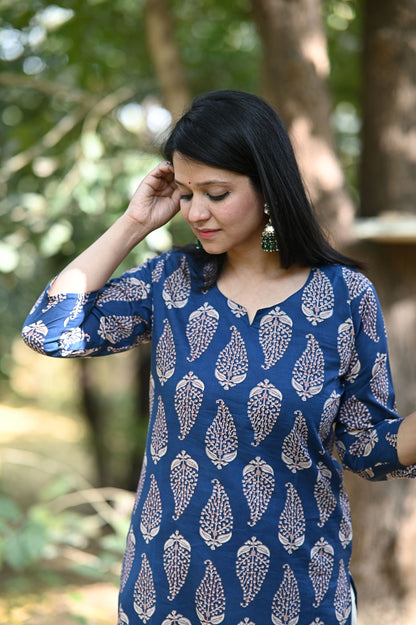 Blue Paisley Print Cotton Kurti