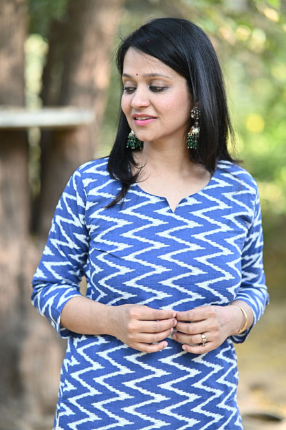 Blue Zig Zag Cotton Kurti
