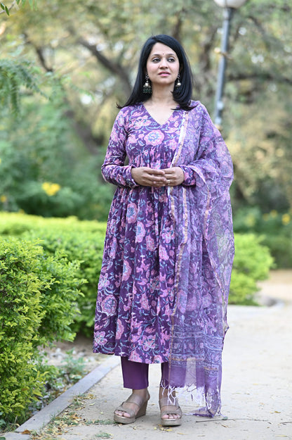 Plum Alia Anarkali Handblock Cotton Suit Set