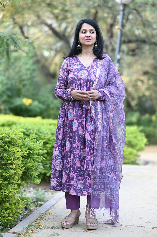 Plum Alia Anarkali Handblock Cotton Suit Set