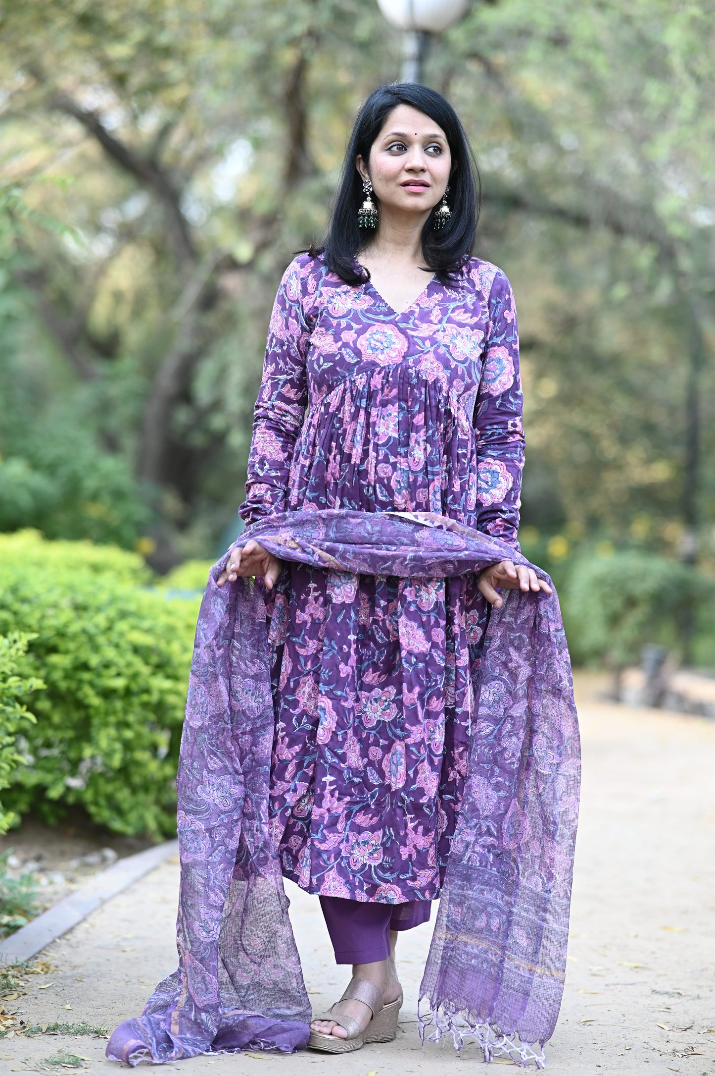 Plum Alia Anarkali Handblock Cotton Suit Set