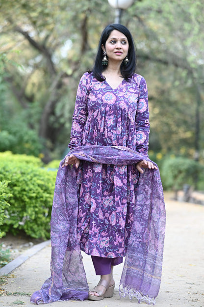 Plum Alia Anarkali Handblock Cotton Suit Set