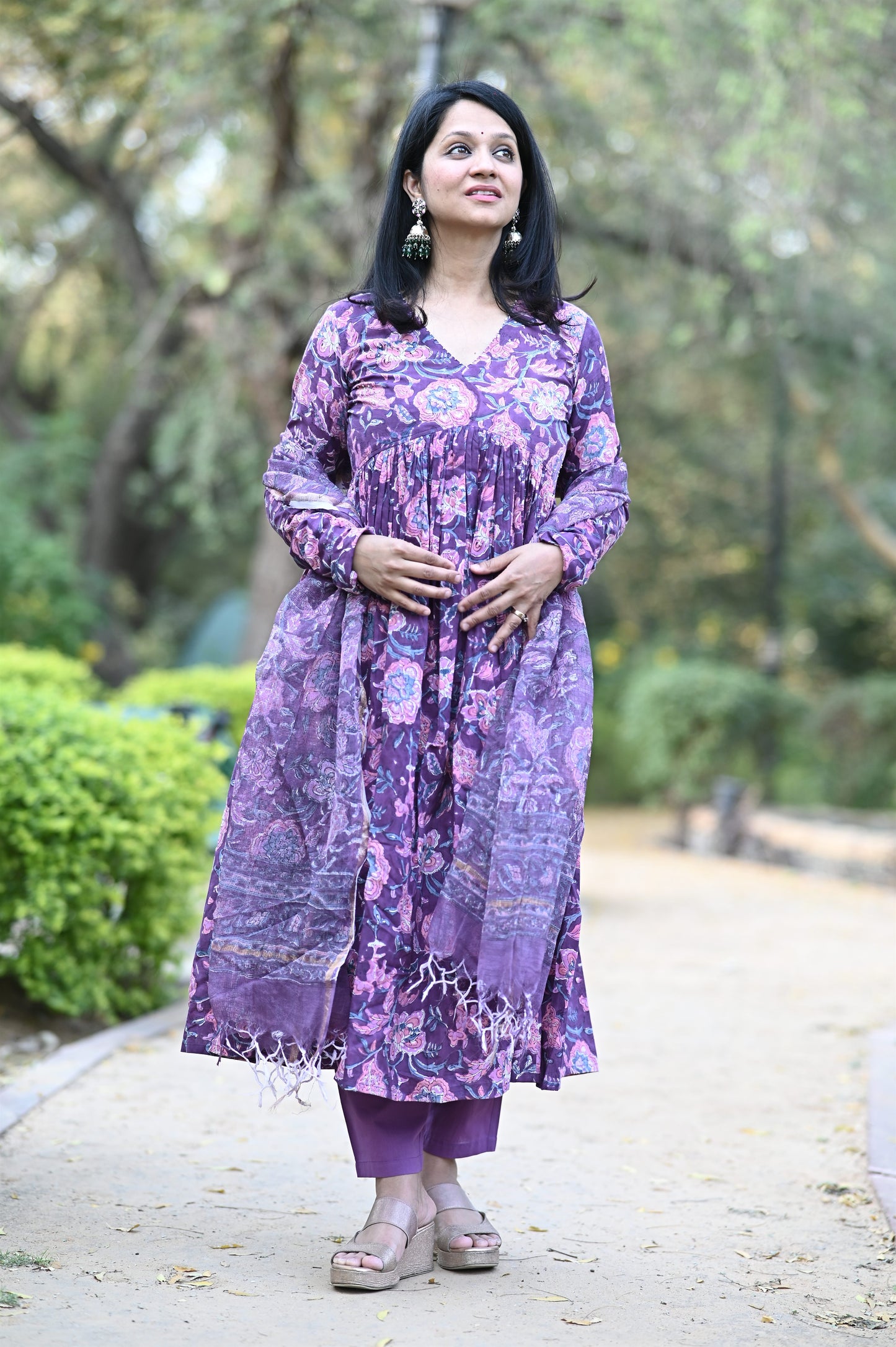 Plum Alia Anarkali Handblock Cotton Suit Set