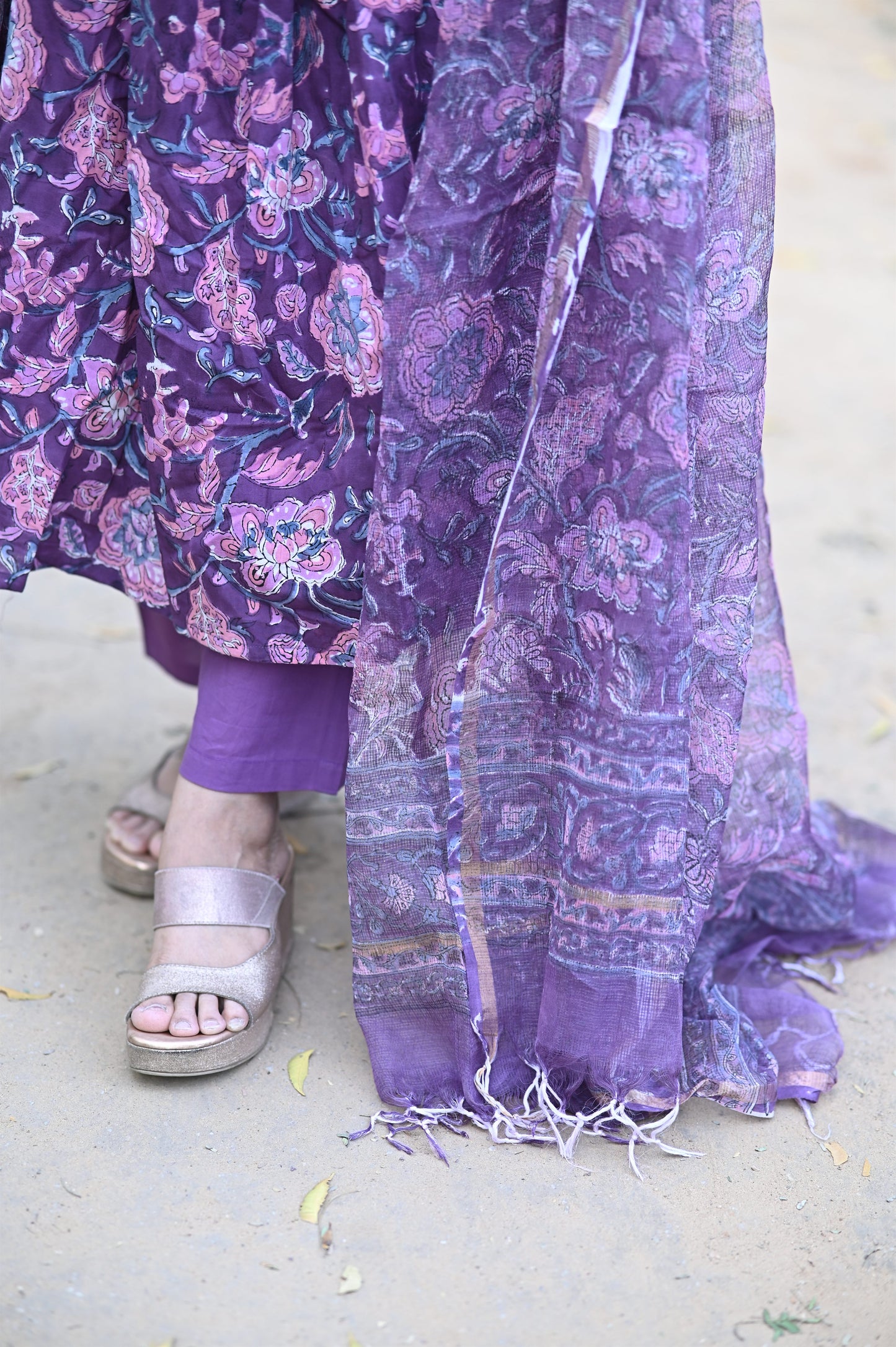 Plum Alia Anarkali Handblock Cotton Suit Set