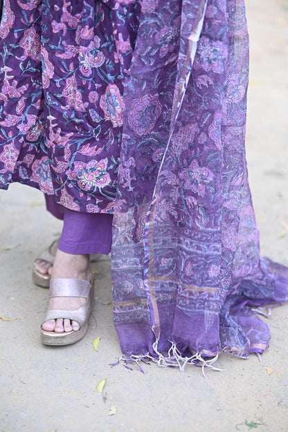 Plum Alia Anarkali Handblock Cotton Suit Set