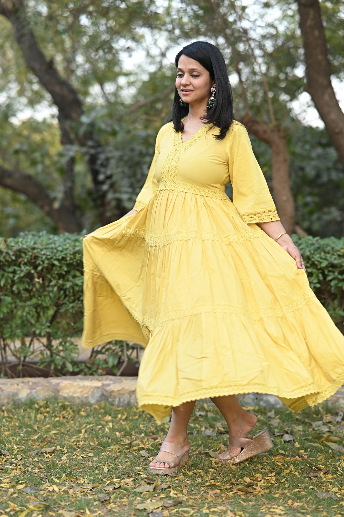 Yellow Cotton Tier Gown