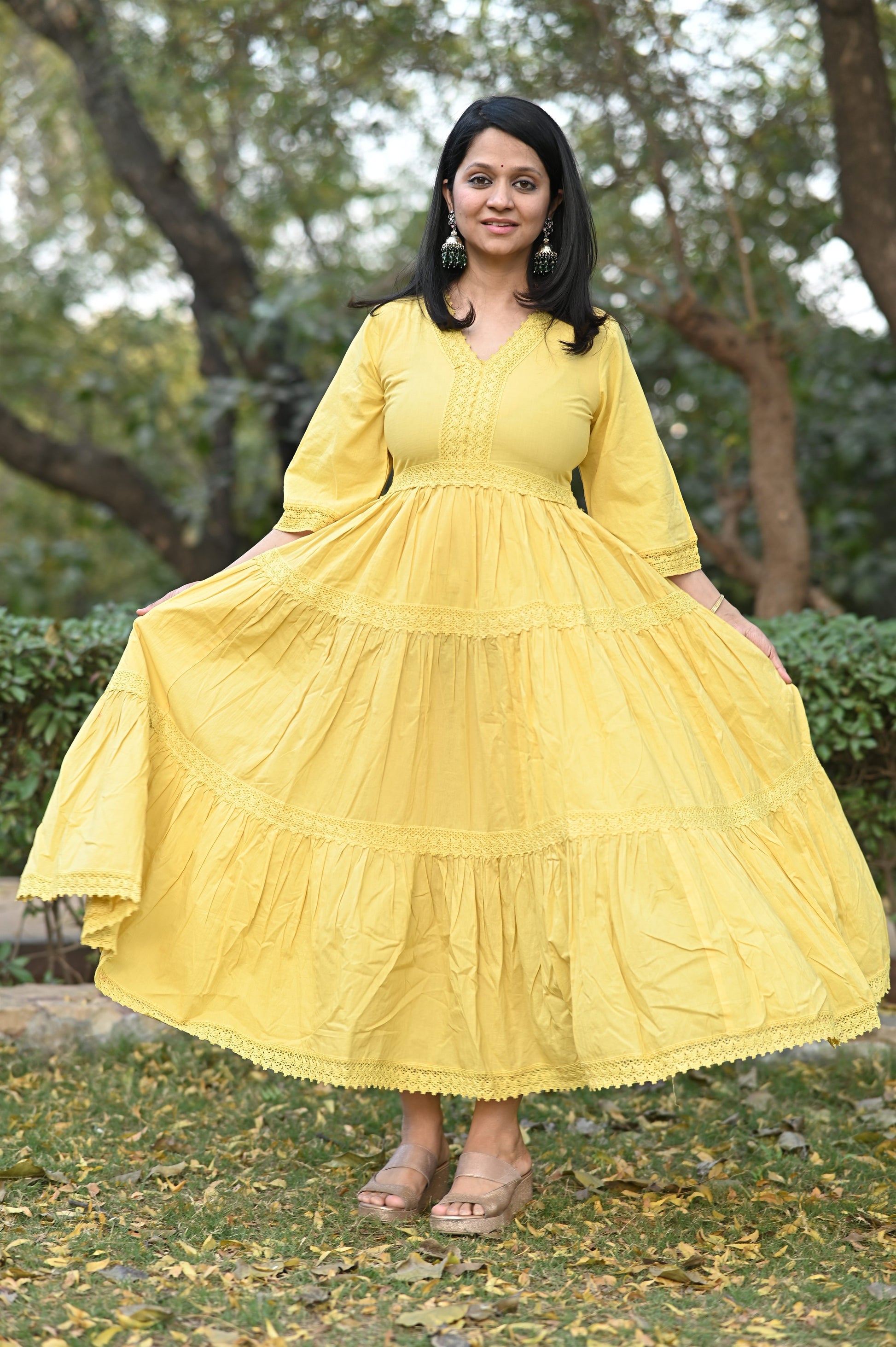 Yellow Cotton Tier Gown DHOLKEE Yellow Cotton Tier Gown DHOLKEE